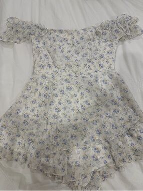 Women’s Floral Off-Shoulder Dress in Light Blue and Cream with built in shorts